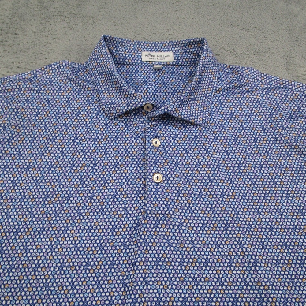Peter Millar Summer Comfort Polo Shirt Blue Geometric Print MS21EK29S Mens XL
